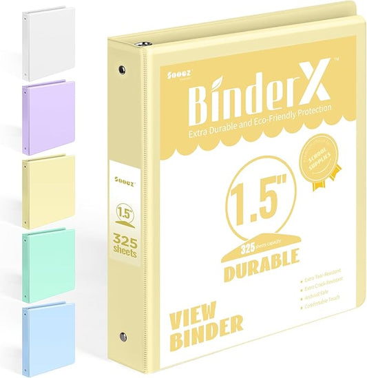 BinderX Extra Durable 1.5 Ring Binder, Round Ring 1.5 Inch Binders, Fits 325 Sheets of 8.5x11 Paper, Customizable View Cover with Inside Pockets, Cute 1.5" Binder, School Supplies for Girls, Yellow