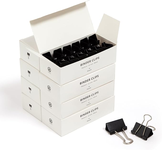 U Brands Binder Clips, Medium 1-1/4" Width, 1/2" Paper Holding Capacity, Black and Silver Steel, 96-Count
