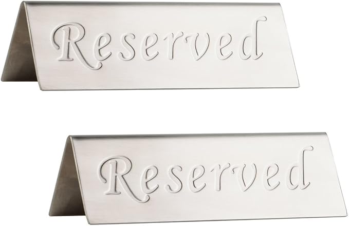 Reserved Sign - Brushed Stainless Steel Free Standing Table Top Compliance Sign - Double Sided - 4.7 By 1.6 Inch - Set of 2 - Silver