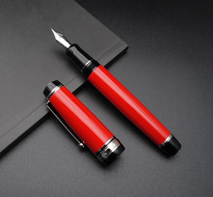 xixixiaozhu Metal Big Fountain Pen Set Medium Nib 0.7mm, Includes Ink Refill Converter, 5 Ink Cartridges & Gift Box (Medium Nib 0.7mm, Red with Silvery Clip)