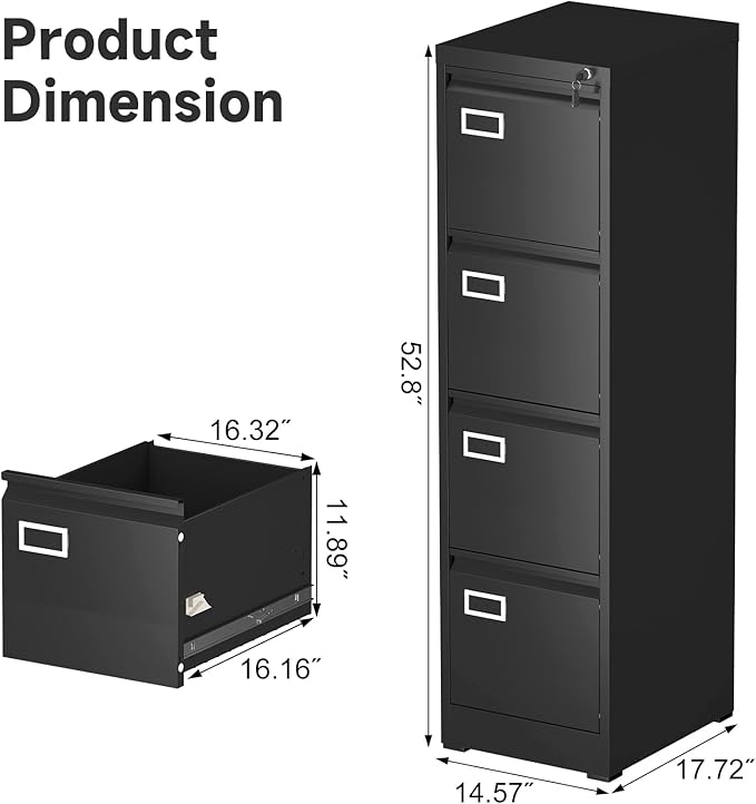 4 Drawer File Cabinet with Lock, High-Capacity Vertical Metal Filing Cabinet for Home Office, Heavy Duty Locking Steel Storage for A4/Letter/Legal Size, Black, 17.7" D x 14.6" W x 52.6" H