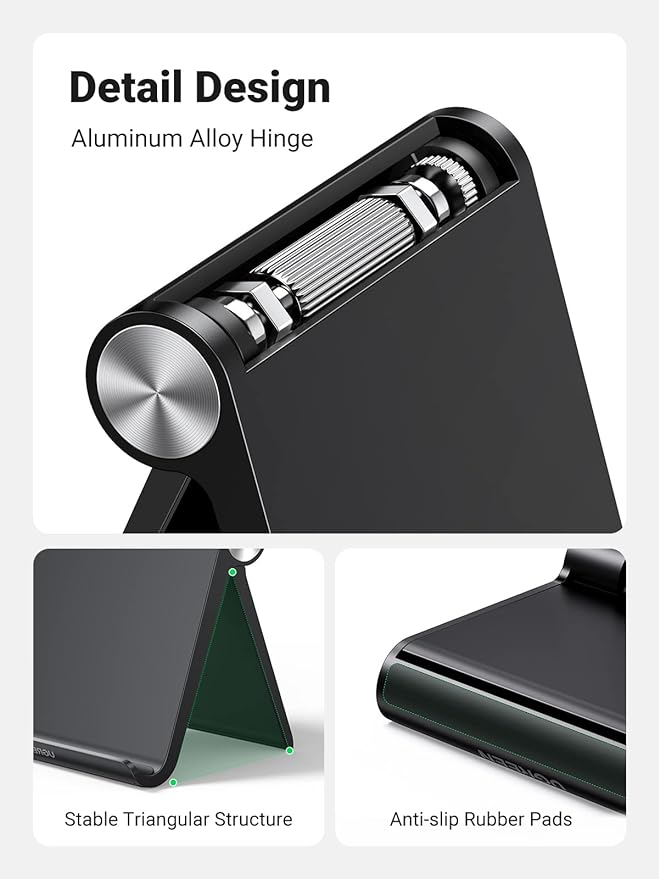 UGREEN Tablet Stand Holder Adjustable Portable Desktop Dock Office Compatible with iPad Pro 11 9.7 10.5 Air Mini 5 4 3 2 iPhone 17 16 15 14 13 12 Black