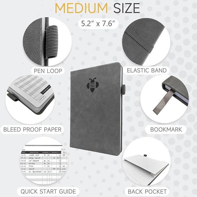 KUMEER Check Register – Elegant Check Registers for Personal Checkbook with Check & Transaction Registers, Hardcover Checkbook Log 5.2x7.6" (Grey)