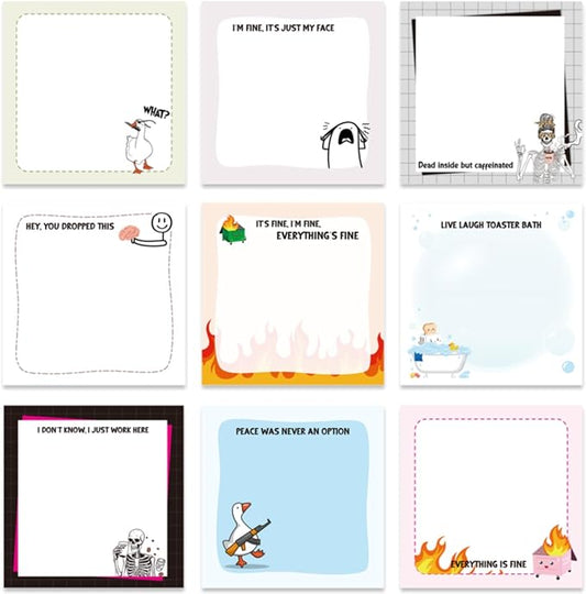 Lovarywow Funny Sticky Notes Gifts - 9 Pack Funny Sticky Notes 3x3 Inch Office Gifts for Coworkers Everything is Fine Post Memo Pads Work Gag Self-Stick Notepads Office Study Supplies 450 Sheets