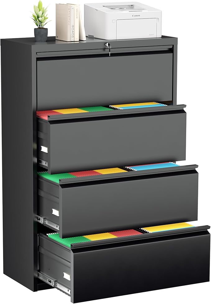 Greenvelly 4 Drawer File Cabinet, Metal Filing Cabinet with Lock, Black Lateral File Cabinet for Home Office, Locking File Cabinet for Letter/Legal/F4/A4 Size Hanging Files, Easy Assembly