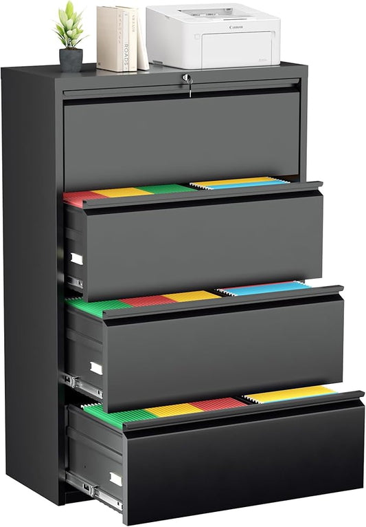Greenvelly 4 Drawer File Cabinet, Metal Filing Cabinet with Lock, Black Lateral File Cabinet for Home Office, Locking File Cabinet for Letter/Legal/F4/A4 Size Hanging Files, Easy Assembly