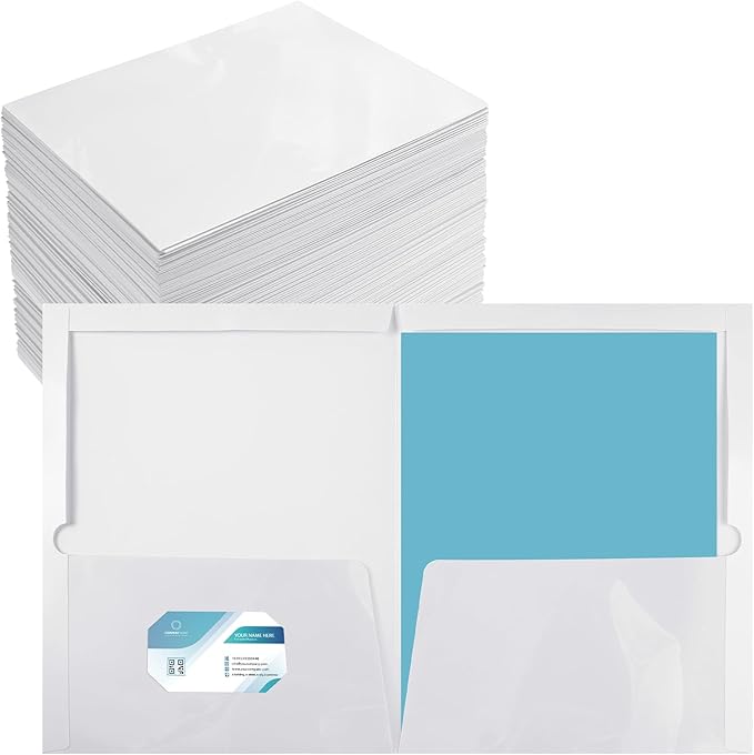 Yeaqee 125 Pack 2 Pockets Glossy Laminated Paper Folder First Day of School Presentation Folder Letter Size Two Pocket File Portfolio Holder Back to School Items Bulk for Teacher Office (White)