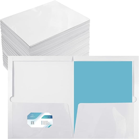 Yeaqee 125 Pack 2 Pockets Glossy Laminated Paper Folder First Day of School Presentation Folder Letter Size Two Pocket File Portfolio Holder Back to School Items Bulk for Teacher Office (White)