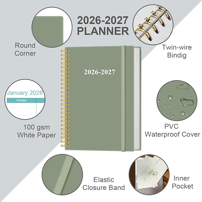 2026-2027 Planner - 18 Months Weekly & Monthly Planner from January 2026 - June 2027, Spiral Planners 2026-2027 with Elastic Closure, Inner Pocket, Medium 5.8" x 8.3", Green