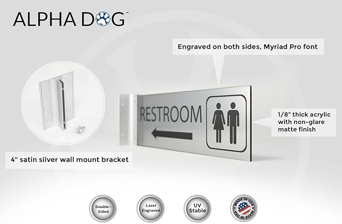 ALPHA DOG SIGNS Corridor Projecting Hallway Bathroom Sign, Left Arrow, 4"x12" Double Sided, Indoor/Outdoor, Easy Install, Durable Business Wayfinding Plaque, USA-Made (Brushed Stainless)