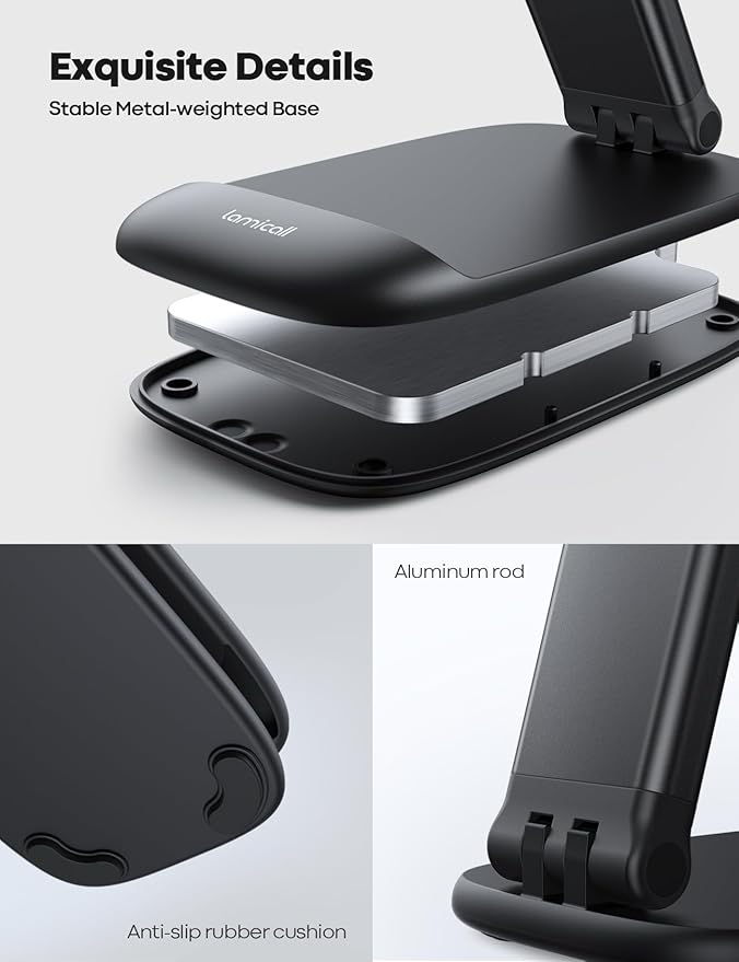 Lamicall Cell Phone Stand for Desk - [Height Adjustable] Foldable Mobile Phone Holder, Portable Stand for iPhone 17 16 15 14 13 12 11 Pro Max Plus Air, Galaxy S25 S24, Telephone, Office Accessories