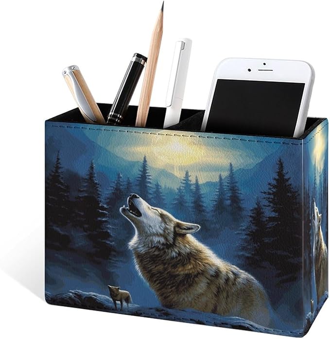 Famame 3D Animal Howling Wolf Moon Pencil Holder for Desk, Leather Desktop Container Pen Cup Storage Study Table Pen Organizer Makeup Brush Holder for Classroom Office Home