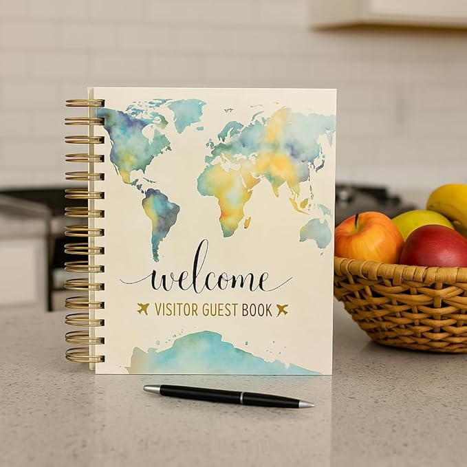 Paper 'n Such Guest Book for Rental House - Vacation Home - Short Term Rentals, Host Essentials, Spiral Hardcover Welcome Log for Airbnbs- 200 Pages (World Map)
