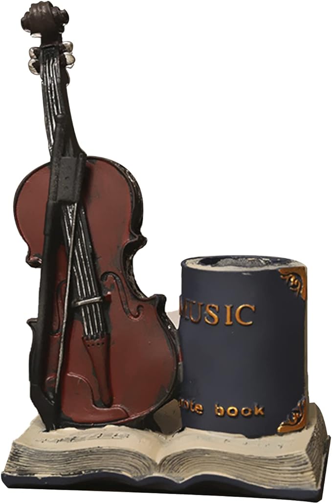 Jaugufiy Resin Violin Sculpture Pen Holder Pencil Holder Pen Organizer Cosmetic Brush Holder Decorative Pen Box Pen Pot Makeup Brush Pot (Blue)