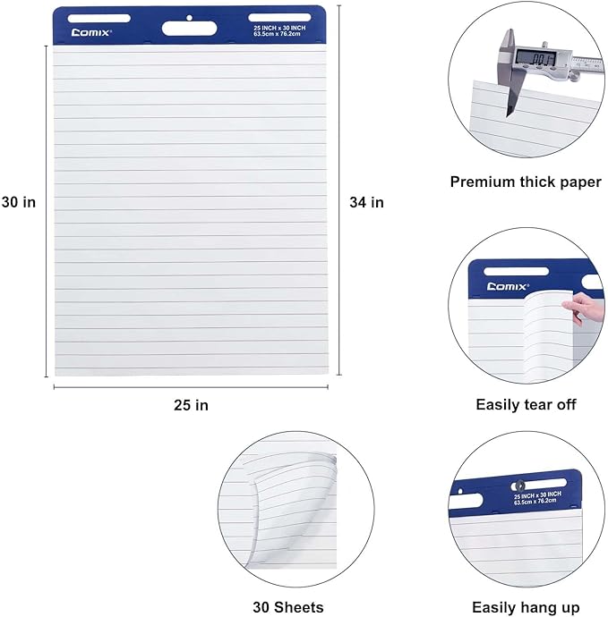Comix Lined Sticky Easel Pad, 25 x 30 Inches Flip Chart Paper for Teachers, Large Self Stick Easel Paper, 30 Sheets/Pad, 4 Pads/Pack