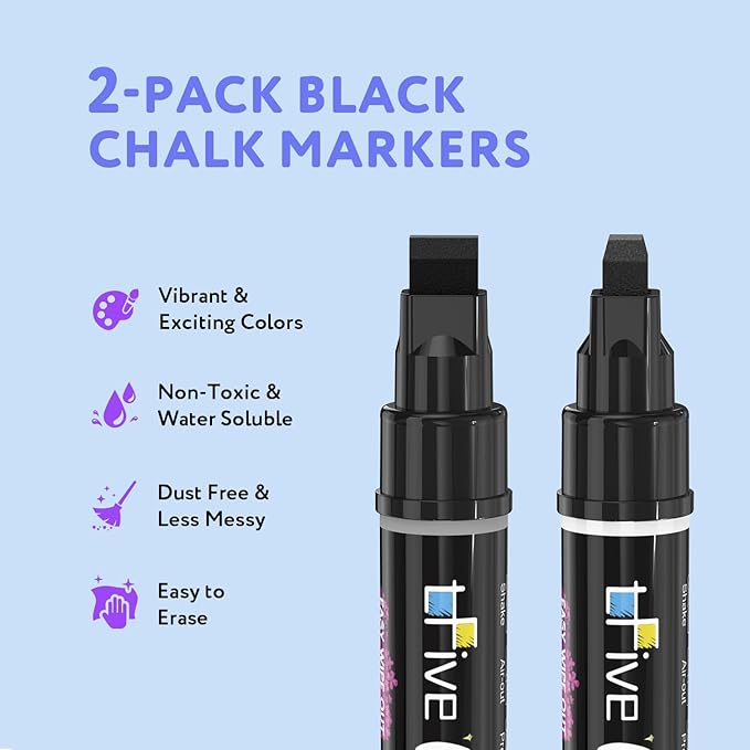 TFIVE Black Liquid Chalk Markers - 2 Pack Jumbo Chalk Pens with 10mm 3 in 1 Nib Wide Tips, Dry & Wet Erase Marker Pens for Glass, Chalkboard, BlackBoard, Windows, Calendar, Pumpkin, Mirror