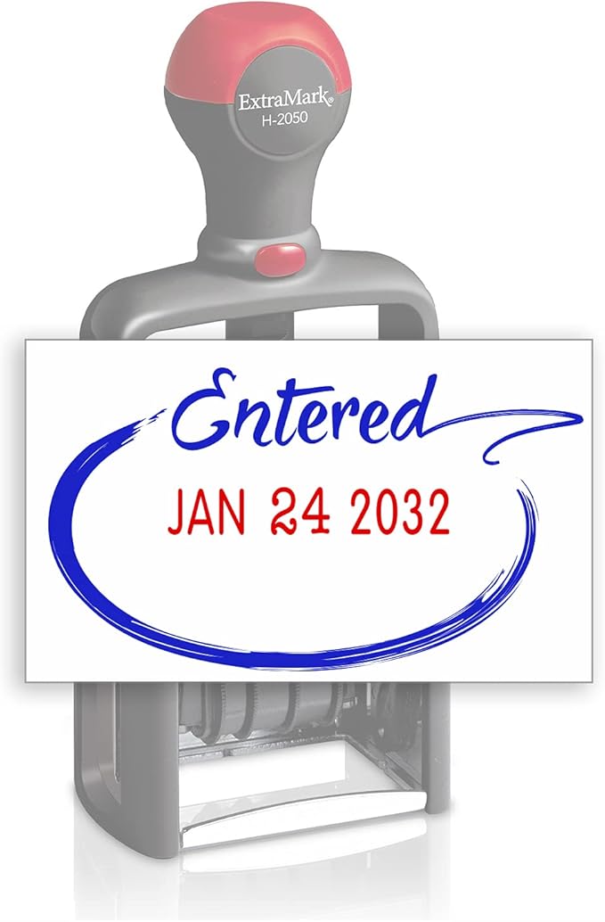 Heavy Duty Style Office Date Stamp with Entered - Self Inking Dater - Style C - Blue & Red Ink Color