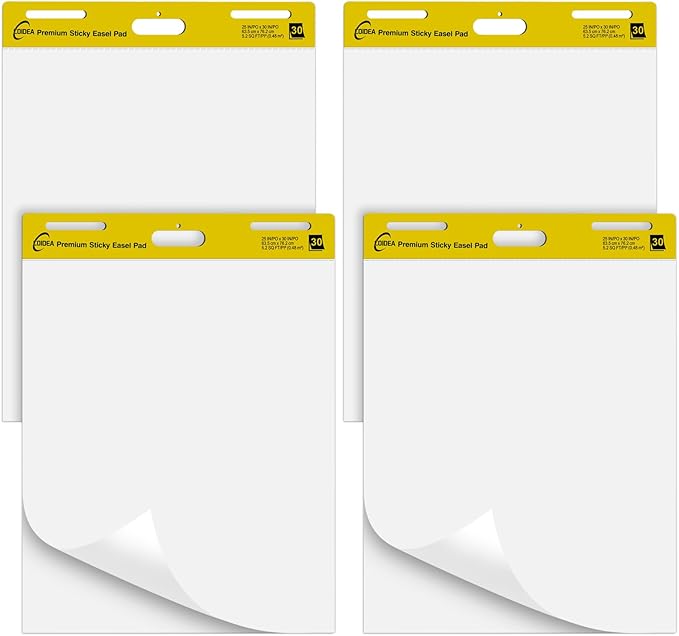 COIDEA Sticky Easel Pad, 25 in x 30 in, Large Sticky Notes for Wall, Super Sticky Easel Paper, Self Stick Flip Chart Paper for Teachers and Office, White, 30 Sheets/Pad, 4 Pad Total