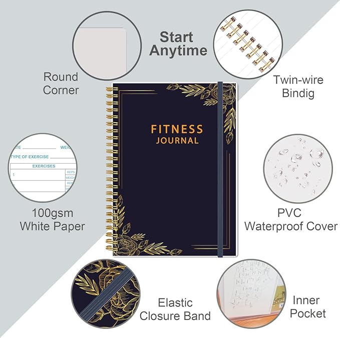 Simplified Fitness Journal for Women & Men,A5 Workout Journal/Planner Daily Exercise Log Book to Weight Loss, Gym, Muscle Gain, Bodybuilding Progress, 5.8"x8.3", Black