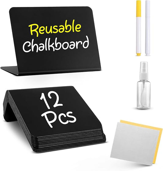 12 Pack Mini Chalkboard Signs for Food, 4”x3” Small Reusable Chalk Board Signs w/Spray Bottle, Food Labels for Party Buffet, Table Signs for Wedding, Name Tags, Bakery