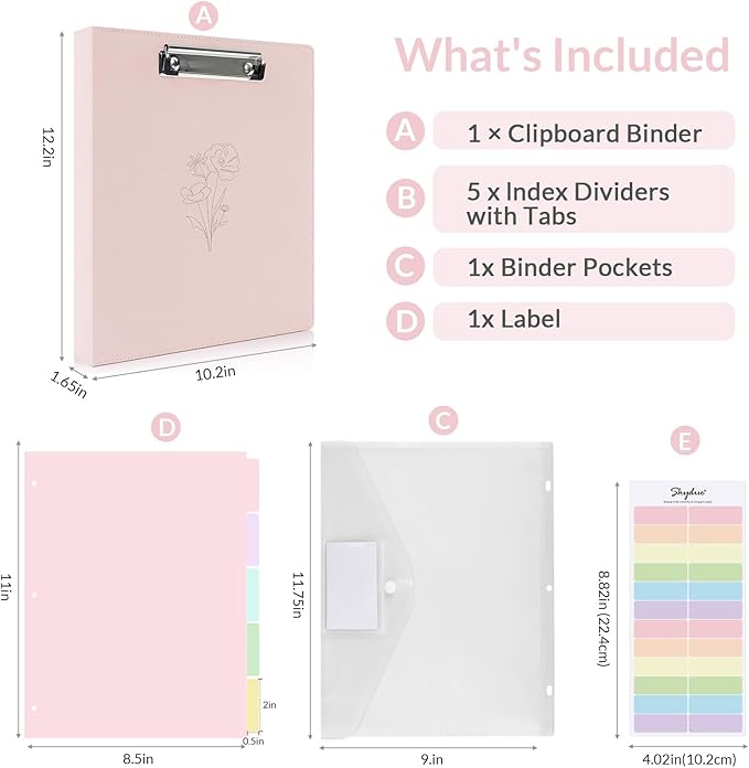 SKYDUE Pink 3 Ring Binder with Clipboard,1 Inch Linen Binder for 3 Hole Punch Letter Size Loose Leaf Paper with 5 Dividers, Pocket and Labels School and Office Supplies
