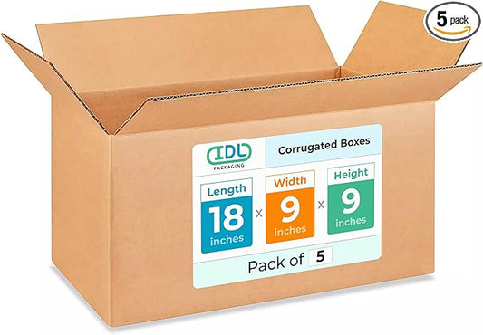 Long Moving & Shipping Boxes 18 x 9 x 9 inches (5-Pack) - Extra Strength 200 lb vs Regular - Corrugated Strong Boxes for Packaging Moving Stuff - Heavy Duty Box by IDL Packaging