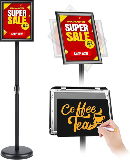 RedChili Floor Standing Sign Holder Stand for 8.5x11 Inches Poster or Chalk Board, Pedestal Sign Holder with Snap Open Frame,360° Rotation,Adjustable Post Height Outdoor Indoor Standing Display Sign Holders for Advertising (Black, Sharp Corner)