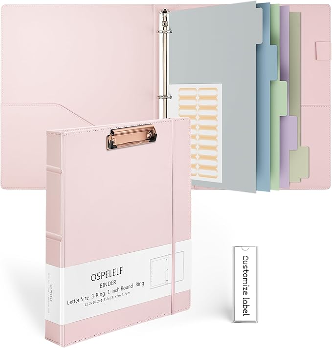 Ospelelf 3 Ring Binder with Clipboard 1 Inch Leather Binder for Letter Size (8.5" x 11"), Clipboard Binder with 5 Tab Dividers for School, Office, Pink
