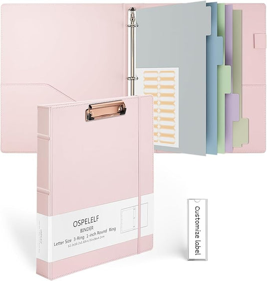 Ospelelf 3 Ring Binder with Clipboard 1 Inch Leather Binder for Letter Size (8.5" x 11"), Clipboard Binder with 5 Tab Dividers for School, Office, Pink
