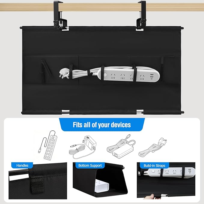 Under Desk Cable Management Tray - Heavy Duty No-Drill Clamp & Screw Mount, 28-Inch Cord Organizer for Home Office, Gaming Setup & Study Room, Holds Power Strip & Large Adapters (Black, 28"L x 5.5"W)