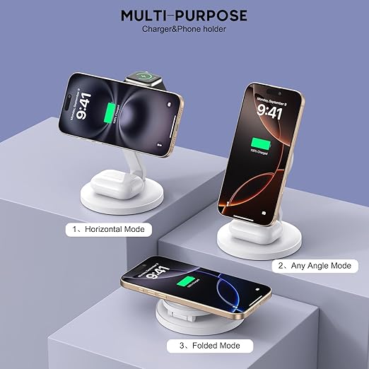 3 in 1 Foldable Magnetic Wireless Charging Station,iPhone Mag-Safe Charger,15W Fast MagSafe Charger Stand for Apple iPhone16Pro Max/16 Pro/15 ProMax/14/13/12,Apple Watch Ultra/2/SE to S9,AirPods Pro 3