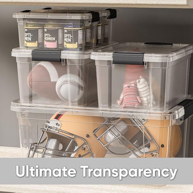 Superio Clear Storage Boxes with Lids, 3.4 Quart Plastic Container Bins for Organizing, Stackable Crates, BPA Free, Non Toxic, Odor Free, Organizers for Home, Office and Dorm, 4 Pack