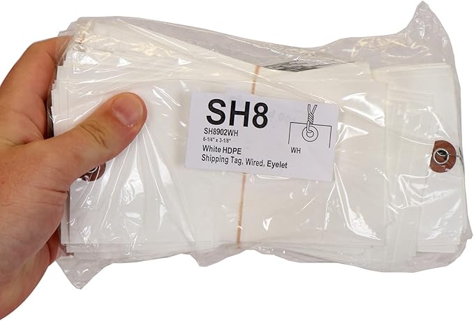 SmartSign 6.25 x 3.125 inch Blank White Shipping Tags with Wires (Size-8), Metal Eyelet, 7.5 mil HDPE Plastic, Writable, Pack of 1000