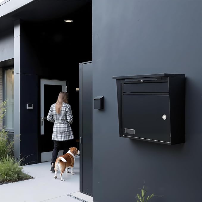 Solar Wall Mount Mailbox for Outside - Auto LED Light at Dusk, Large Locking Mail Box (13 x 3.7 x 12.2 Inches) with Key, Secure Metal Mailboxes for House Outside, Waterproof & Rust-Proof