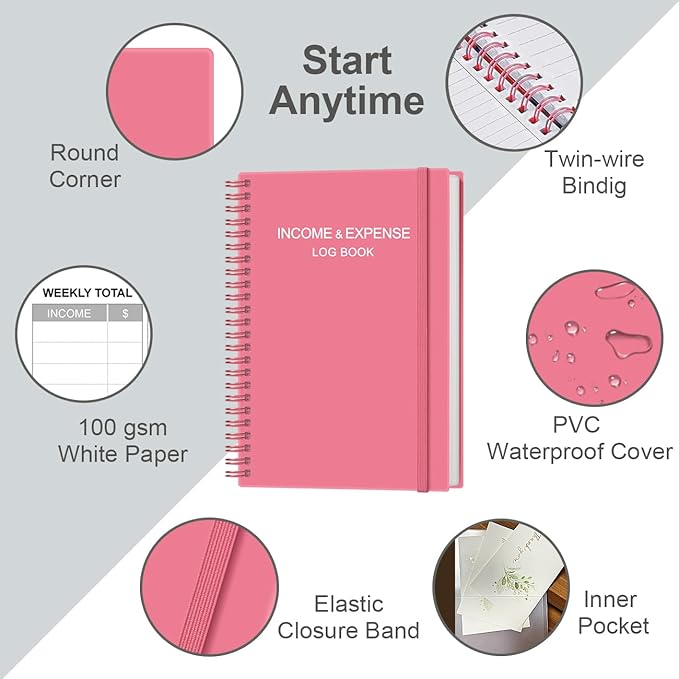 Heveboik Income & Expense Log Book - A5 Income and Expense Tracker for Small Business, Accounting Bookkeeping Tracking for Woman and Man, 5.8" x 8.3", Pink