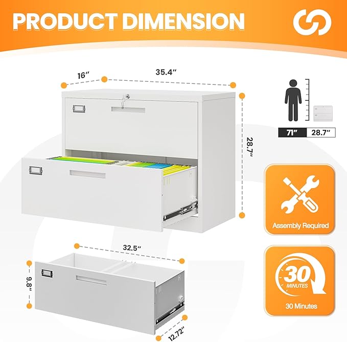 AFAIF 2 Drawer File Cabinets for Home Office, Metal Filing Cabinet with Lock, White Locking File Caninet Two Drawer, Office Storage Caninets Steel Cabnet for Letter/Legal/A4/F4-Assembly Required