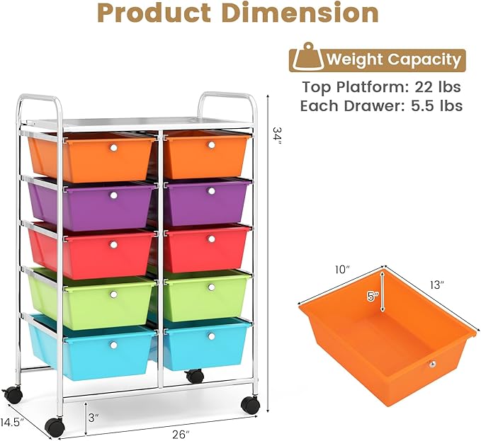 HAPPYGRILL 10-Drawer Rolling Storage Cart, Storage Organizer Cart with Lockable Wheels, Beauty Salon Movable Utility Cart for School, Office, Home, (Colorful)
