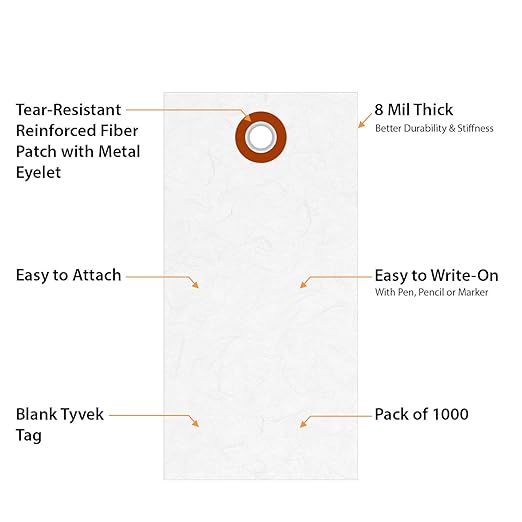 SmartSign (Pack of 1000) 3.75 x 1.875 inch “White” Blank Tyvek Shipping Tags with Metal Eyelets, Size #3, 8 mil Thick Tyvek, Made in USA