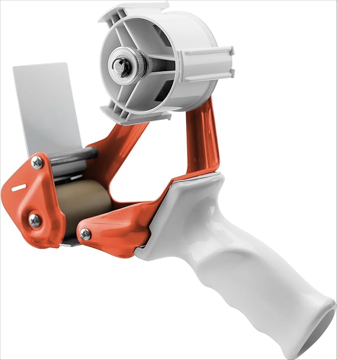 TAPEWELL Heavy Duty Metal Frame Orange Packing Tape Dispenser 3 Inch Core with Special Ergonomic Handle, Tape Gun for Packing Boxes with Premium Tempered Steel Blade - for 2 inch Wide Roll