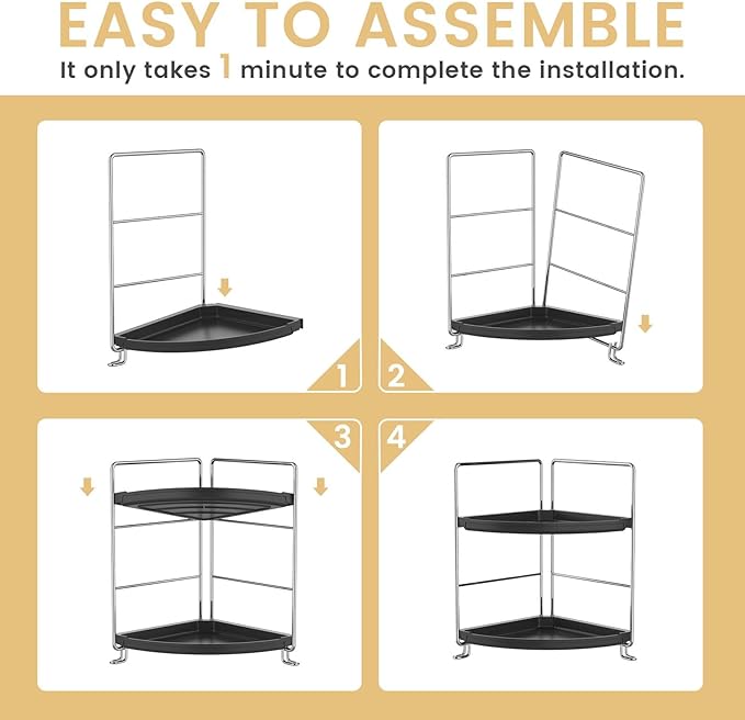 JANUS LiANG 2-Tier Bathroom Organizer Countertop Corner - Makeup Organizer Cosmetic Perfume Holder Bedroom Storage Shelf or Kitchen Spice Rack (Chrome + Black)