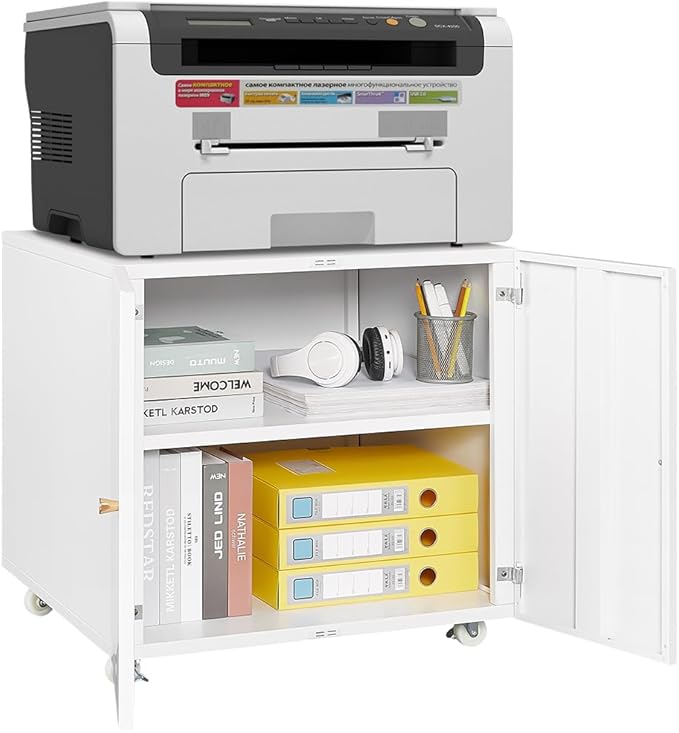 Zateety Metal Printer Stand with Storage Mobile Printer Tables for Small Spaces with Door Adjustable Shelf File Cabinet on Wheels for Home Office