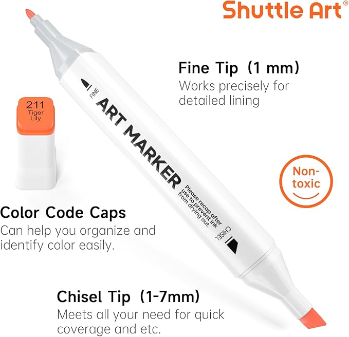Shuttle Art 206 Colors Alcohol Markers, 204 Colors Dual Tip Art Marker Set Plus 2 Colorless Blender, Micro-tip Pens, White Highlighter Pens, Marker Bag Perfect for Students Adults Coloring