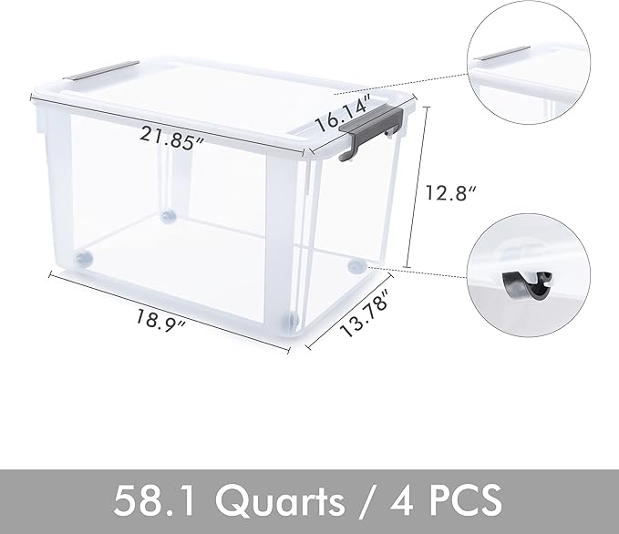 Citylife 58.1 QT Plastic Storage Bins with Latching Lids Stackable Storage Containers for Organizing Large Clear Storage Box for Garage, Closet, Kitchen, 4 Packs
