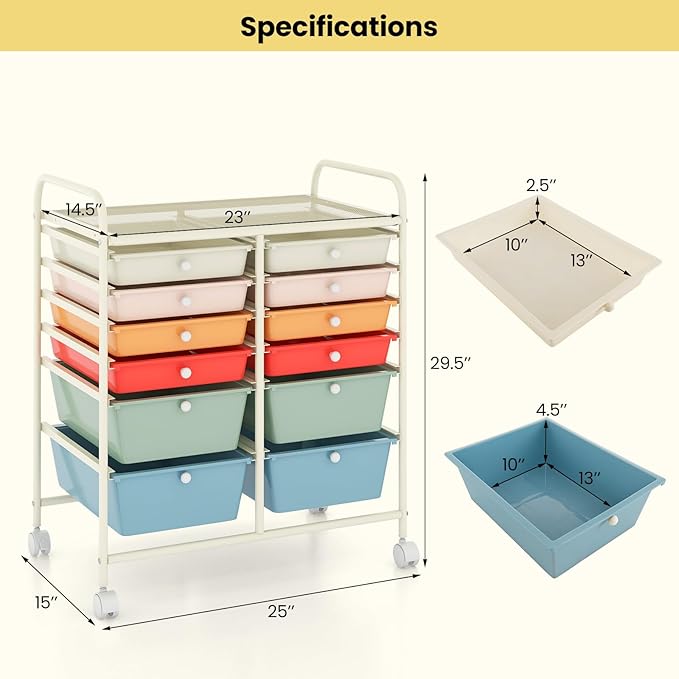 Giantex 12 Drawer Rolling Storage Cart Tools Scrapbook Paper Office School Organizer (Macaron)