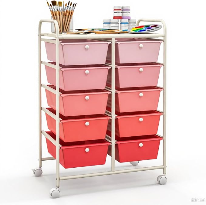 GLACER 10 Drawer Rolling Cart, Storage Cart with Lockable Whieels & Metal Frame, Trolley for Art Craft Oganizer, Mobile Utility Cart for Office, School, Classroom, Kitchen (Pink Gradient)