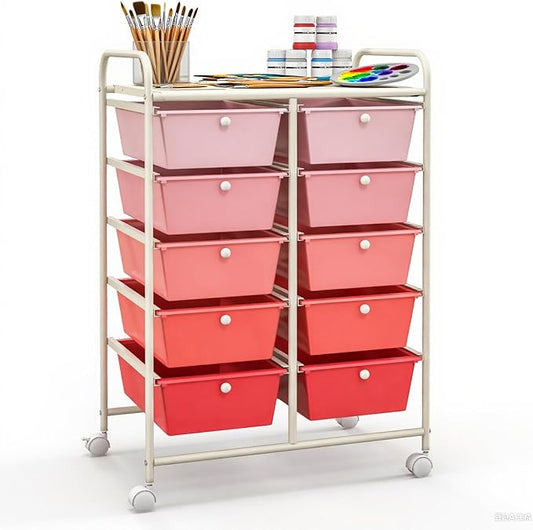 GLACER 10 Drawer Rolling Cart, Storage Cart with Lockable Whieels & Metal Frame, Trolley for Art Craft Oganizer, Mobile Utility Cart for Office, School, Classroom, Kitchen (Pink Gradient)