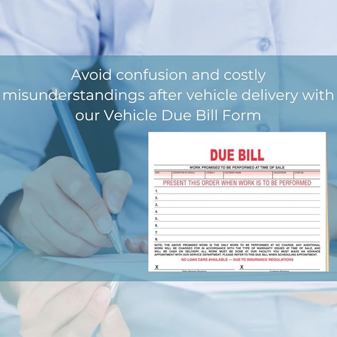 Vehicle Due Bill Form - 3-Part Carbonless Snap-Out 8.5 x 7.75 Car Dealership Service Agreement Forms, Auto Repair Vehicle Documentation Forms NCR - White, Canary, Pink - Pack of 300