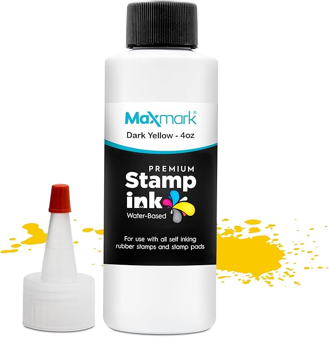 MaxMark Premium Refill Ink with Control Tip Bottle for Self-Inking Stamps, Dark Yellow Color - 4 oz.