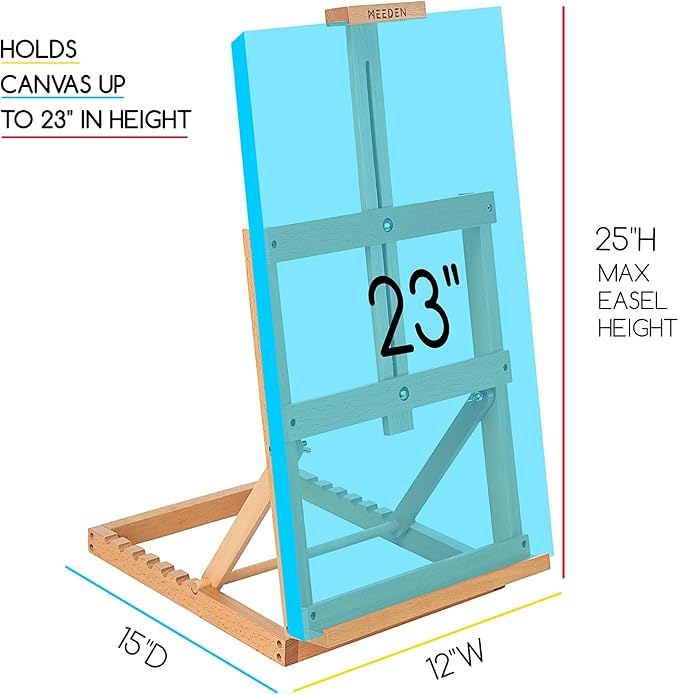 MEEDEN Heavy-Duty Tabletop Studio H-Frame Wooden Easel- Solid Beech Wood Adjustable Artists Desktop Wood Easel Table for Artist, Beginners & Teens- Holds Canvas Art up to 23" High