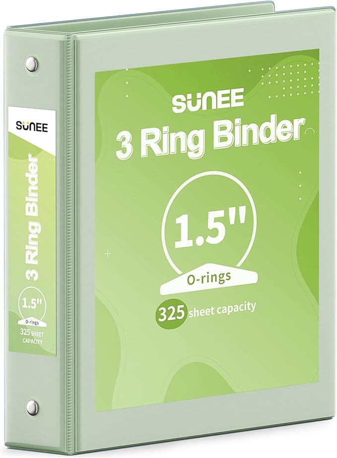 SUNEE 3 Ring Binder 1.5 Inch 1 Pack, Clear View Binder Three Ring PVC-Free (Fit 8.5x11 Inches) for School or Office Supplies, Sage Green